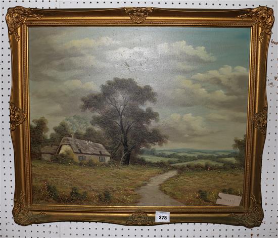 Fischer (20th century), oil on canvas, rural landscape with cottage and winding path(-)